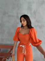 KETEN CROP KARPUZ KOL BLUZ-PANTOLON HASIR KEMERLİ - Orange - Görsel 2