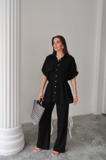 KETEN BELDEN BÜZGÜ DETAYLI GÖMLEK - PANTOLON TAKIM - Siyah - Görsel 3