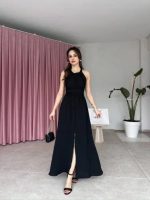 Kadın Krinkil Kumaş Beli Gipeli Halter Yaka Maxi Boy Elbise - Görsel 3