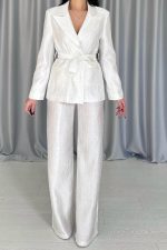 Ekru Beli Kuşaklı Ceket Ve Pantolon Parlak Takım - Görsel 3
