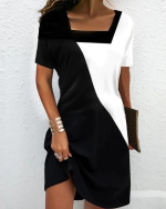 Kadın Kısa Kollu Kare Yaka Parçalı Desen Dalgıç Elbise - Görsel 3