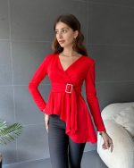 Kadın Kruvaze Yaka Kemer Detay Asimetrik Kesim Bluz - Görsel 2