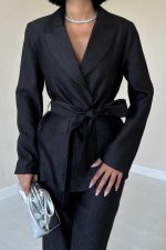 Siyah Beli Kuşaklı Ceket Ve Pantolon Parlak Takım - Görsel 3