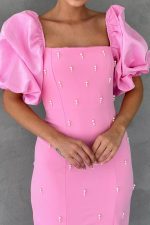 Pembe İşlemeli Kolu Garnili Elbise - Görsel 3