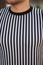 Erkek Siyah Beyaz örme Pamuklu Kumaş Kısa Kollu T-shirt - Görsel 3