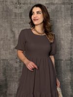 Kadın Kısa Kollu Yakası Açık Katlı Bürümcük Balon Elbise - Görsel 3