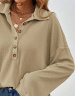 Kadın Uzun Kollu Yakalı Düğmeli Salaş Waffle Bluz - Görsel 2