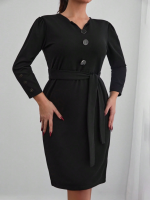 Kadın Uzun Kollu Düğme Detaylı Kendinden Kemerli Ithal Krep Elbise - Görsel 2