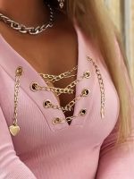 Kadın Uzun Kollu V çapraz Zincir Detaylı Kaşkorse Bluz - Görsel 2