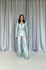 Mint Beli Kuşaklı Ceket Ve Pantolon Parlak Takım