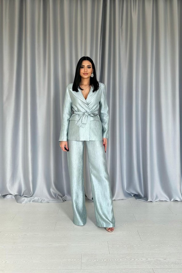 34c10b1643c4872971bc Mint Beli Kuşaklı Ceket Ve Pantolon Parlak Takım - Görsel 1