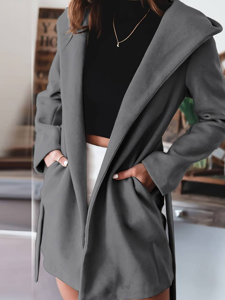 34f6cbea001fa66b0952 Kadın Uzun Kollu Belden Kuşaklı Kapşonlu Kısa Kaşe Kaban - Görsel 1