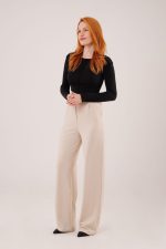 Yüksek Bel Bol Paça Krep Krem Pantolon - Görsel 3