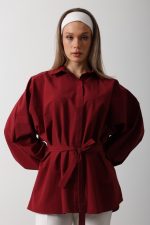 Bel Detaylı Gömlek - Bordo - Görsel 3