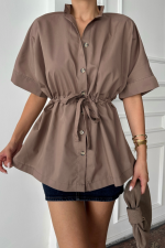 BEL BÜZGÜ DETAYLI POPLİN GÖMLEK - Kahverengi - Görsel 2