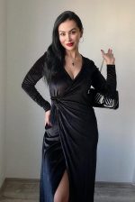 Kadın Uzun Kollu Kruvaze Yaka Yırtmaçlı Kadife Elbise - Görsel 3