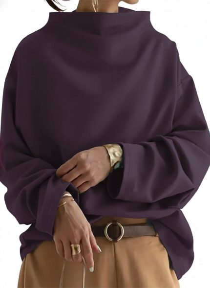 Kadın Uzun Kollu Geniş Balıkçı Yaka Modal Mürdüm Bluz