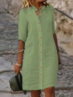 Kadın Kısa Kollu Hakim Yaka önden Düğmeli Kısa Müslim Elbise