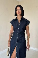 Mavi Kolsuz Vatkalı Elbise - Görsel 3