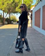 Kadın Uzun Kollu Kapüşon Ve Deri Detay Diz üstü Elbise - Görsel 2