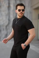 Erkek Cepli Kolyeli Kısa Kollu örme Kumaş T-shirt - Görsel 2