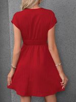 Kadın Kısa Kollu Kruvaze Yakalı Beli Lastikli Bürümcük Elbise - Görsel 3