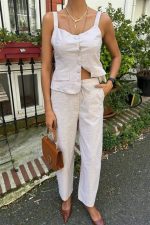 Kalın Askılı Bluz Pantolon Keten Takım 10187 - Görsel 3