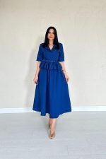 Lacivert İnce Kemerli Fırfırlı Ceket Ve Büzgülü Etek Takım