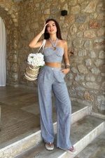 Vesna Keten Çizgili Crop Takım 9806-0025 - Görsel 2