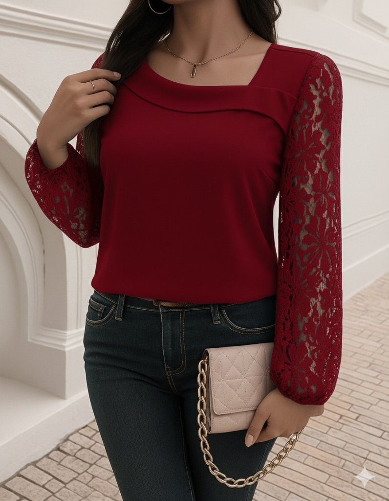3bd76ed4ae6340ddf17b Kadın Uzun Kollu Asimetrik Yakalı Dantelli Ithal Krep Bluz - Görsel 1