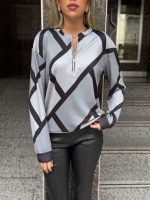 Kadın Uzun Kollu Yuvarlak Yaka Fermuarlı Desenli şardonlu Bluz - Görsel 2