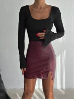 Kadın Yüksel Bel Yırtmaç Detay Mini Deri Etek - Görsel 3