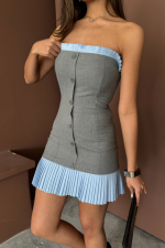 STRAPLEZ POLVİSKON ELBİSE MAVİ FIRFIR DETAYLI - Gri - Görsel 2