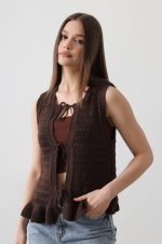 Önü Bağlamalı Yelek - Kahve - Görsel 3