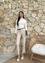 Kadın Yüksek Bel Dar Paça Kemer Dahil Kumaş Pantolon - Görsel 2