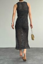 Simli Ajurlu Uzun Elbise - Lacivert-Sarı - Görsel 2