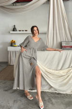 V YAKA BEL BONCUK BAĞLAMALI MÜSLİN ELBİSE YIRTMAÇ DETAYLI - Gri - Görsel 3