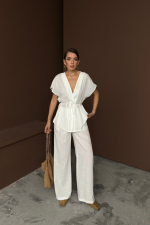 KETEN V YAKA BELDEN BAĞLAMALI BLUZ-PANTOLON TAKIM - Beyaz - Görsel 2