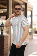 Erkek Dikey çizgili Ottoman Kumaş Kısa Kollu T-shirt - Görsel 2