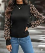 Kadın Uzun Kollu Yarı Balıkçı Yaka Leopar Detaylı Kaşkorse Bluz