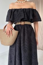 Siyah Omzu Lastikli Brode Elbise - Görsel 3