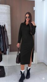 Kadın Uzun Kollu Yakalı Yandan Yırtmaçlı Midi Modal Elbise - Görsel 2