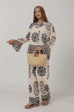 Desenli Kolları Volanlı Pantolon Takım - Antrasit - Görsel 2