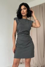 Gri Yanı Büzgülü Sıfır Kol Elbise - Görsel 2