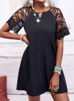 Kadın Dantelli Kısa Kollu Damla Yaka Krep Elbise - Görsel 3