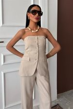 Straplez Büstiyerli Plazzo Pantolonlu Çizgili Takım 10151 - Görsel 3