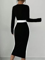 Kadın Uzun Kollu Geometrik Yaka Midi Ithal Krep Elbise - Görsel 2