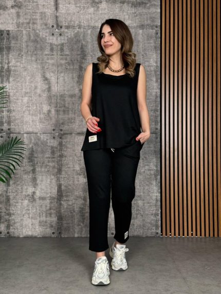 Kadın Askılı Yuvarlak Yaka Viskon Iki Iplik Bluz Ve Eşofman Altı Ikili Takım