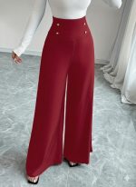 Kadın Yüksek Bel Düğmeli Geniş Paçalı Ithal Krep Pantolon - Görsel 3