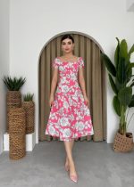 Kare Yaka Çiçekli Elbise - Görsel 3